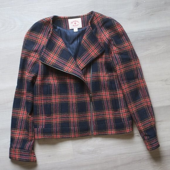 Brooks Brothers womens tartan plaid jacket wool navy red zip 2 Red Fleece preppy - Picture 3 of 9